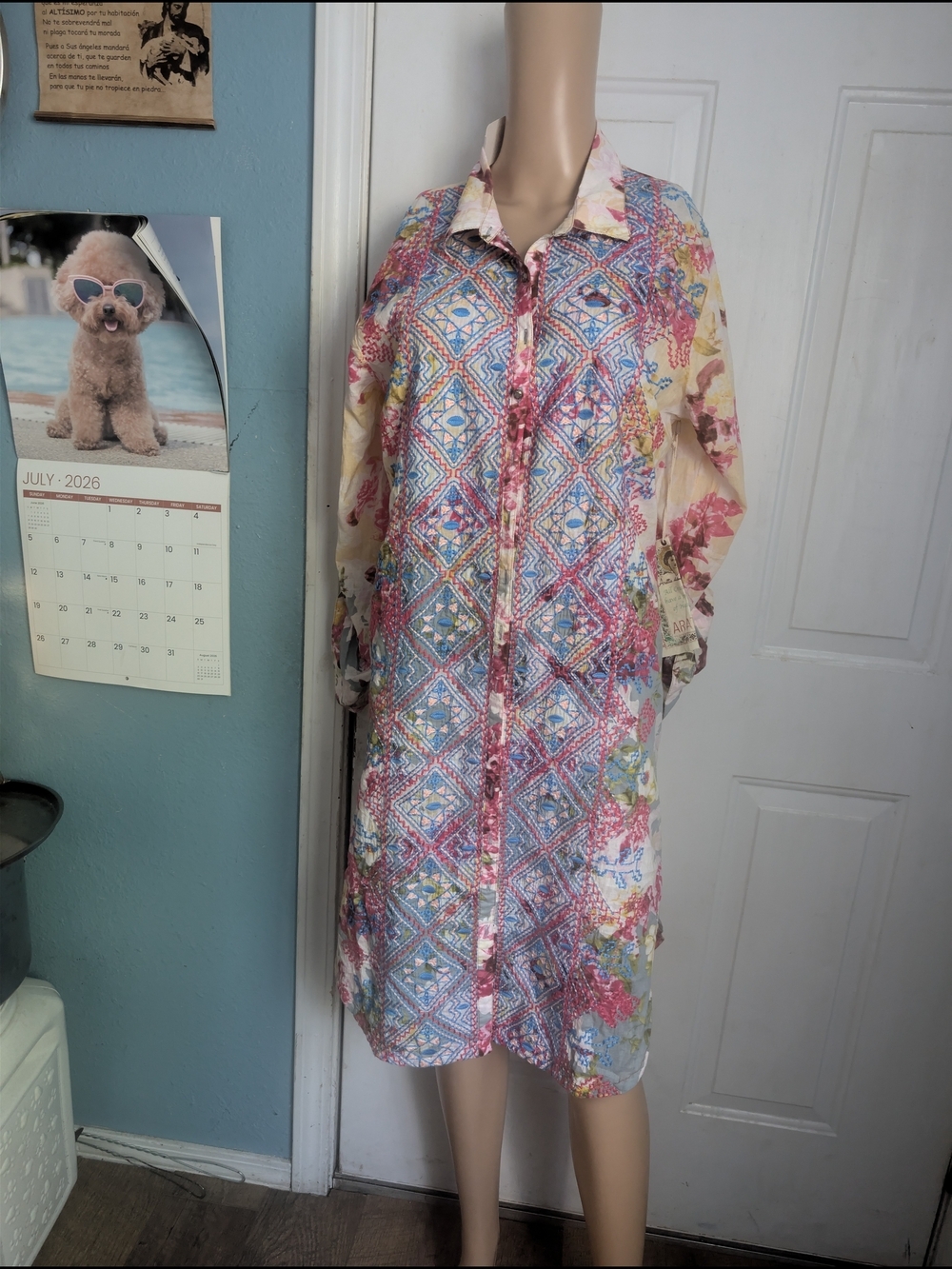 ArattaColorful Bohemian Button-Up Shirt Dress - Pink Blue Floral